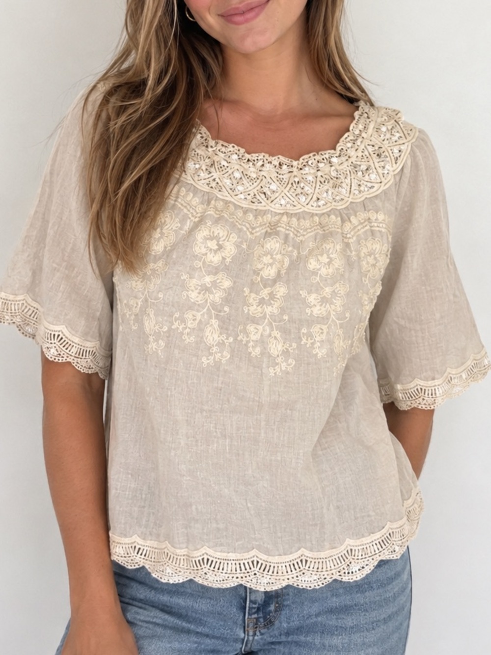 Entro Cream Lace Blouse Women’s Sz M Floral Boho Sheer Office 100% Cotton